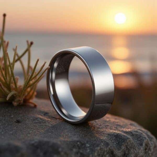 A glorious beach scene. With the sun setting, the rays of the sun shimmer across the gentle waves. The ring is a flat tungsten ring in silver.