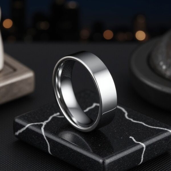 On a black marble stand, and with gently city lights in the background through the window at night, a ring stands upright. It is a flat silver tungsten ring.