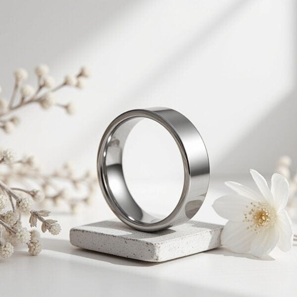With a white minimalist background, a ring stands upright on a white stand. The ring is a silver flat tungsten ring that looks like a mens wedding band. In the background are a white surface, white walls, and white flowers.
