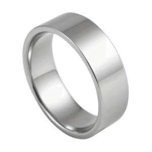A close up image of a flat silver tungsten ring. With a polished finish, this ring would be ideal as a mans wedding ring.