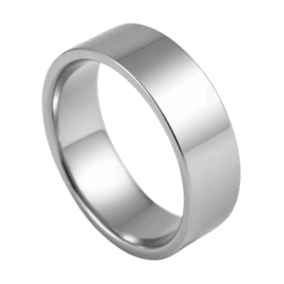 A close up image of a flat silver tungsten ring. With a polished finish, this ring would be ideal as a mans wedding ring.