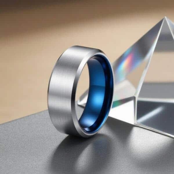 A brushed silver ring with a blue interior stands up right next to a triangular glass ornament. The ring has bevelled edges which are polished, contrasting with the brushed finish of the ring.