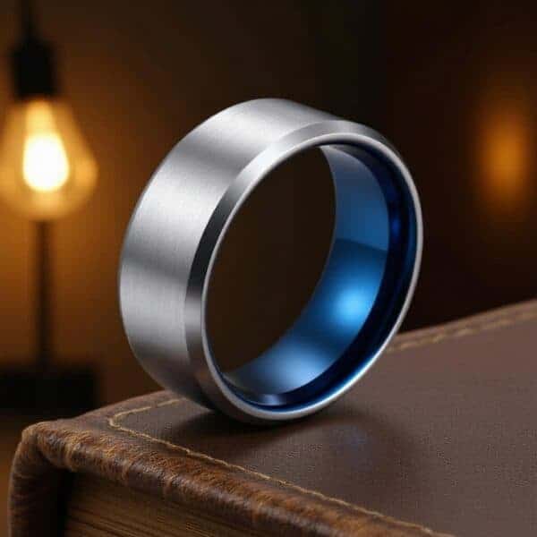 A detailed view of a silver and blue ring which is standing upright on top of a brown leather book. There is a lamp in the background. The ring is made with tungsten. It has a brushed finish and a vivid blue inside. The edges of the ring are cobalt blue.