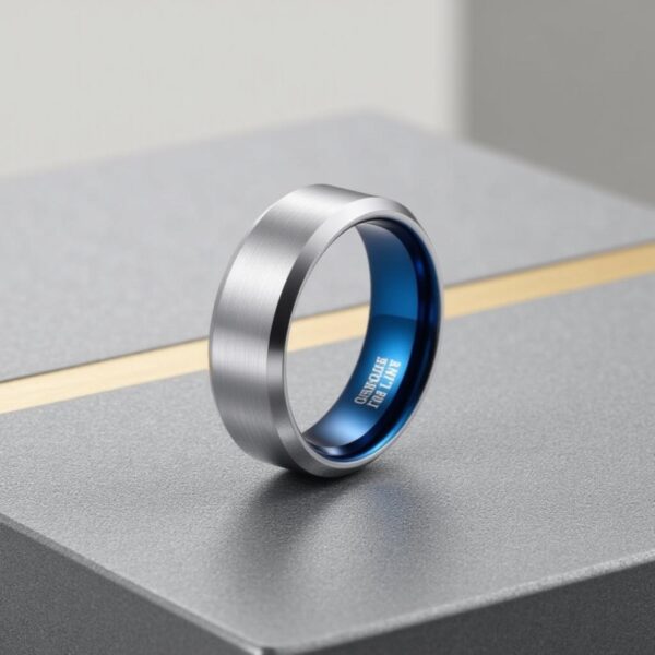 A minimalist photo featuring a macro shot of a silver and blue ring. Standing upright on a grey and gold presentation box, the ring is a silver and blue tungsten band.