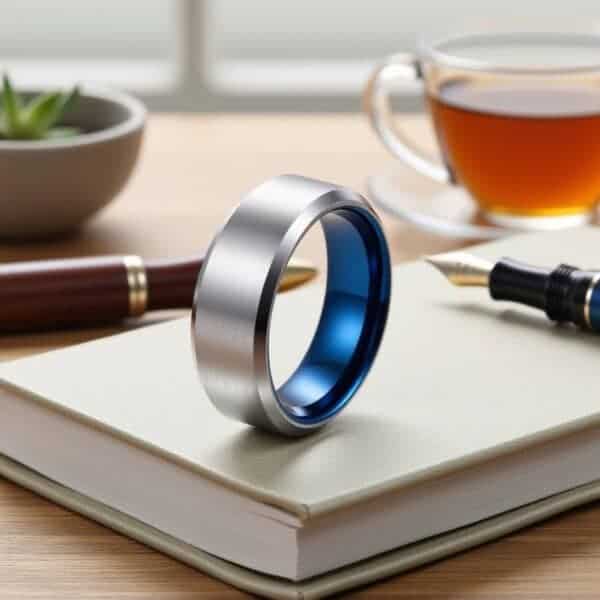 Ready for a tea break, there is a book on the table, next to a cup of tea in a glass cup, as well as fountain pens. The main feature of the photo is the silver ring with a blue inside. The main surface of the ring is brushed while the edges are polished. The ring is made with tungsten.