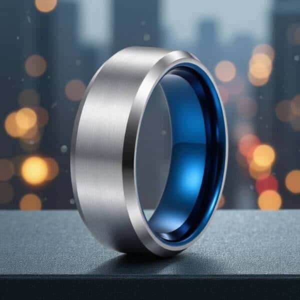 On a window ledge, with the twinkling city lights in the background, a ring stands upright and is in closeup view. The ring is a silver tungsten ring. It has a brushed finish and contrasting polished edges. The interior of the ring is polished blue.