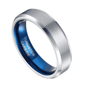 A macro shot of a silver tungsten ring. Featuring a brushed finish with contrasting bevelled edges. The inside of the ring is royal blue.