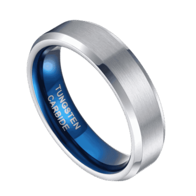 A macro shot of a silver tungsten ring. Featuring a brushed finish with contrasting bevelled edges. The inside of the ring is royal blue.