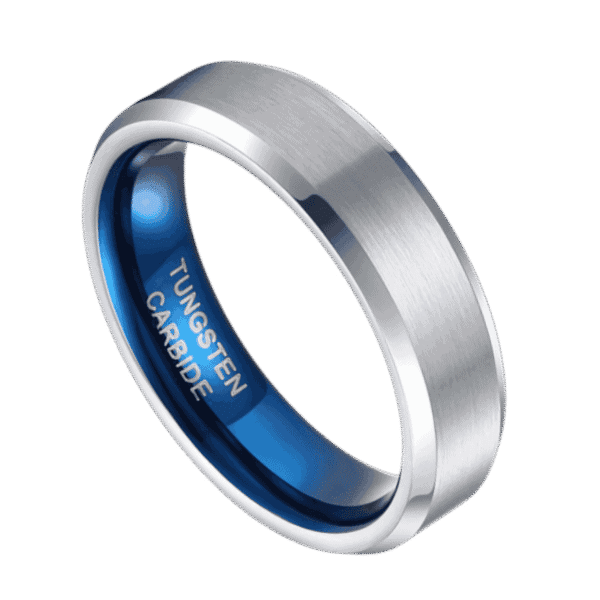 A macro shot of a silver tungsten ring. Featuring a brushed finish with contrasting bevelled edges. The inside of the ring is royal blue.
