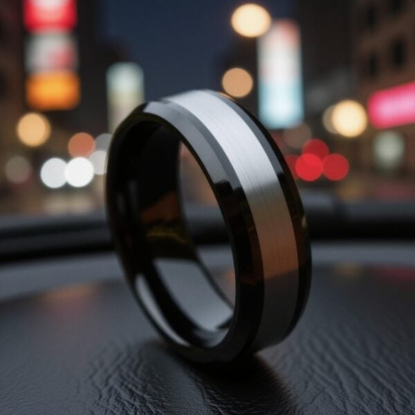 With the bright colourful city lights in the background, the image centres on a silver and black ring. The band is made with tungsten. The centre of the ring is brushed and the black edges are polished.