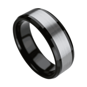 A detailed image of a tungsten ring in close up. The ring is silver and black. The centre section is brushed silver and the edges are polished black.