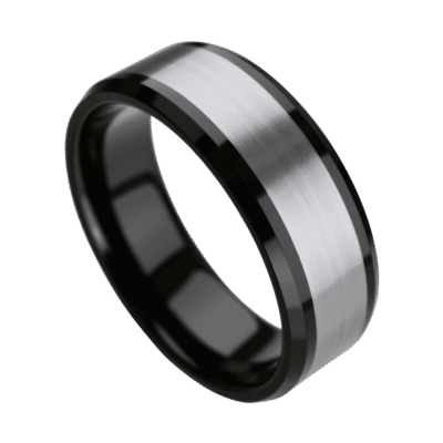 A detailed image of a tungsten ring in close up. The ring is silver and black. The centre section is brushed silver and the edges are polished black.