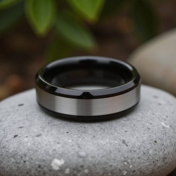 A macro shot of a silver and black ring laying sideways of grey stone. The ring has a brushed silver centre and polished black bevelled edges.