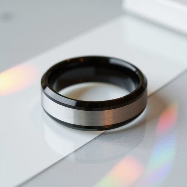 A zoomed in shot of a silver and black ring. The ring is resting on a white iridescent surface. Made with tungsten, the middle of the ring is silver and the edges are black. Featuring a mixture of polished and brushed finishes.