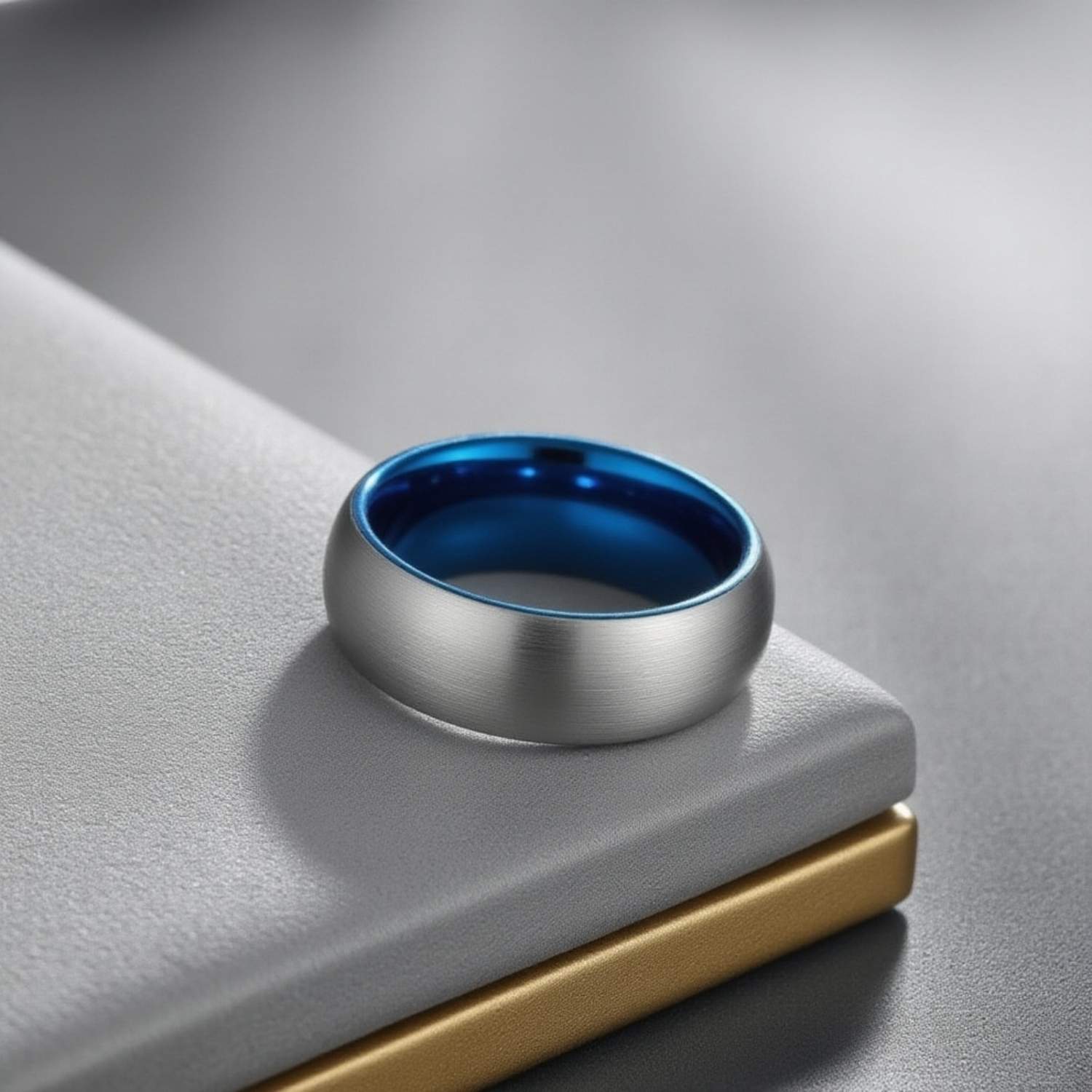 Set on top of a silver and gold stand is a tungsten ring. It is a brushed silver, slightly domed, ring with a striking blue inside.