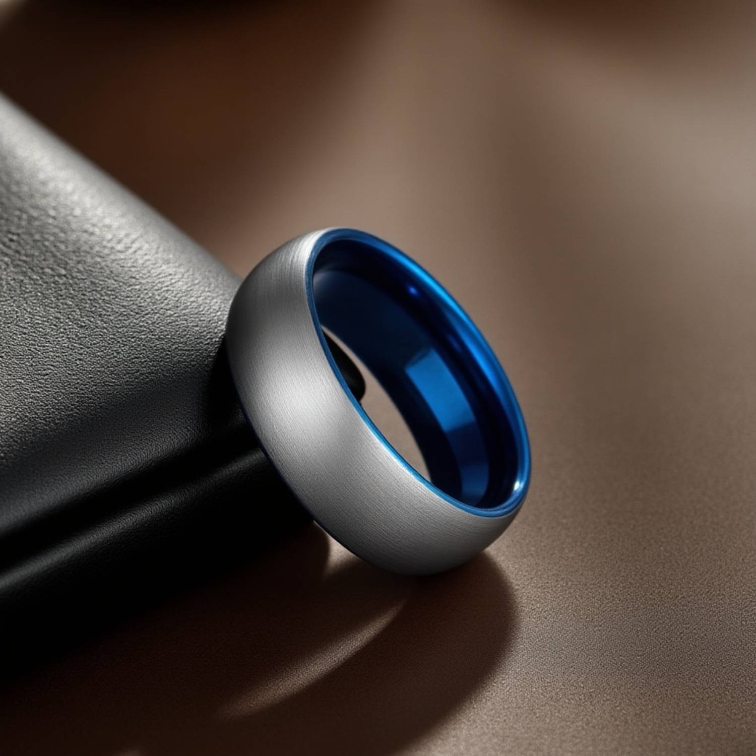 A ring rests upright, leaning against a tablet. It is a silver tungsten ring that has a blue inside. The ring is slightly domed in shape and the silver has a brushed finish.