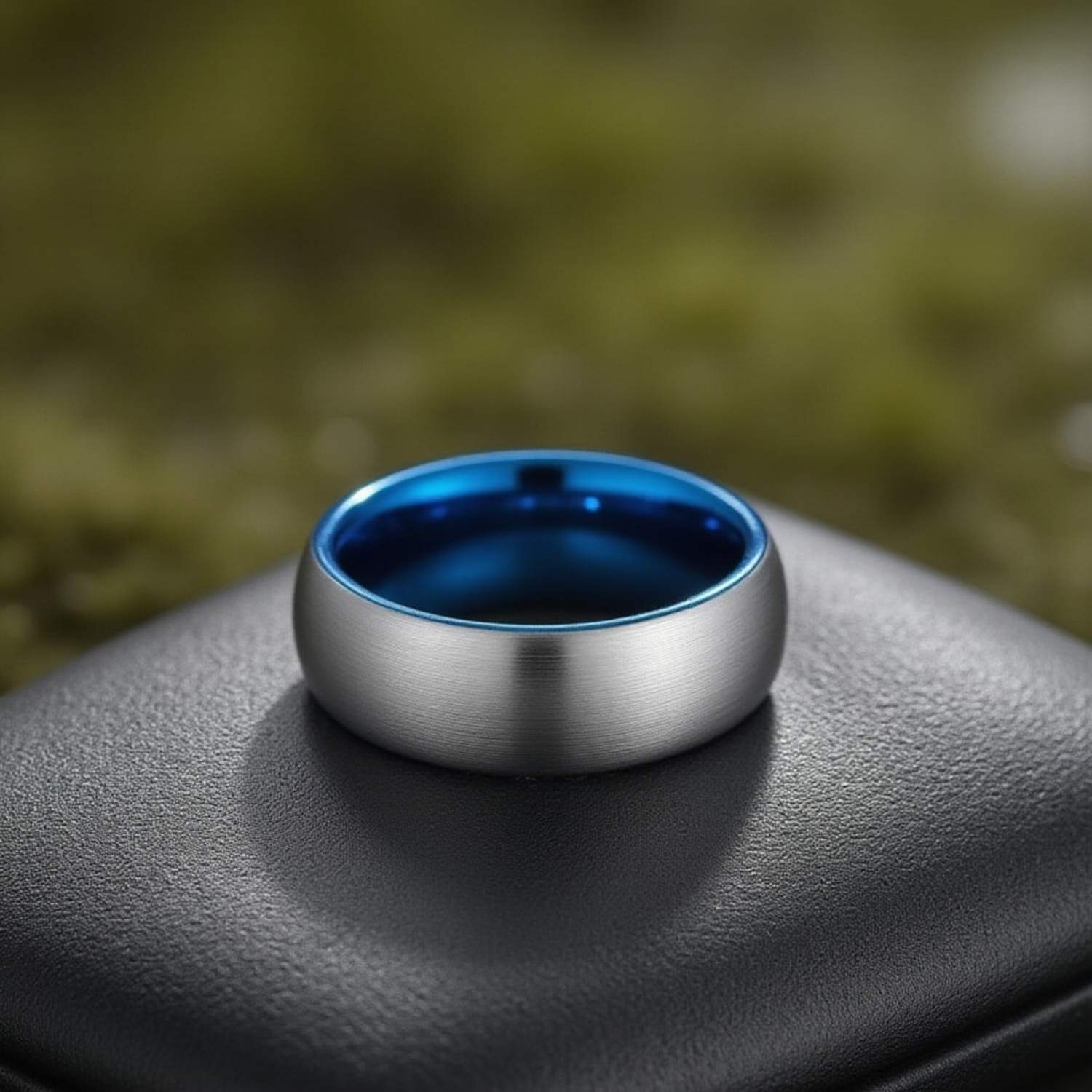 Resting on a leather box, the image focuses on a lightly brushed silver tungsten ring that has a polished blue inside. There is greenery in the background.