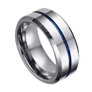 An elegant tungsten ring in silver featuring a thin blue groove that runs through the centre of the ring.