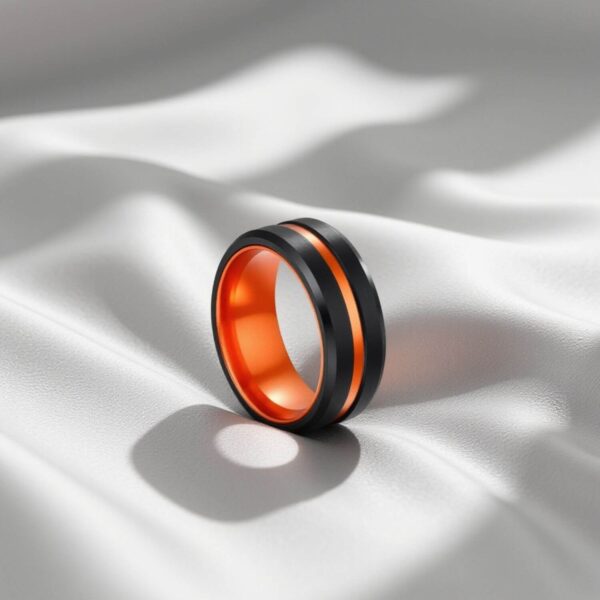 Black Tungsten Ring for Him featuring Orange