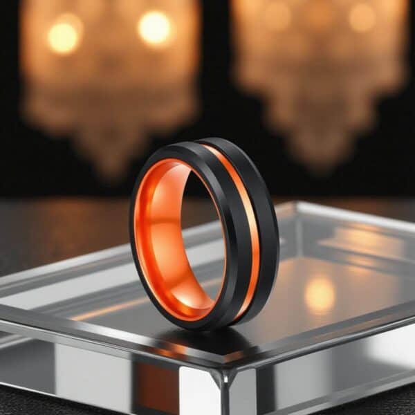 Mans fashion statement ring - black tungsten band with orange groove and inside