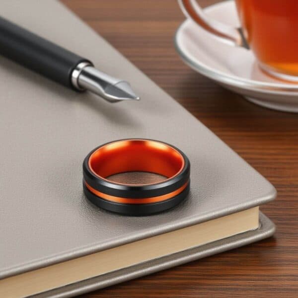 Mens black and orange tungsten ring - male wedding band