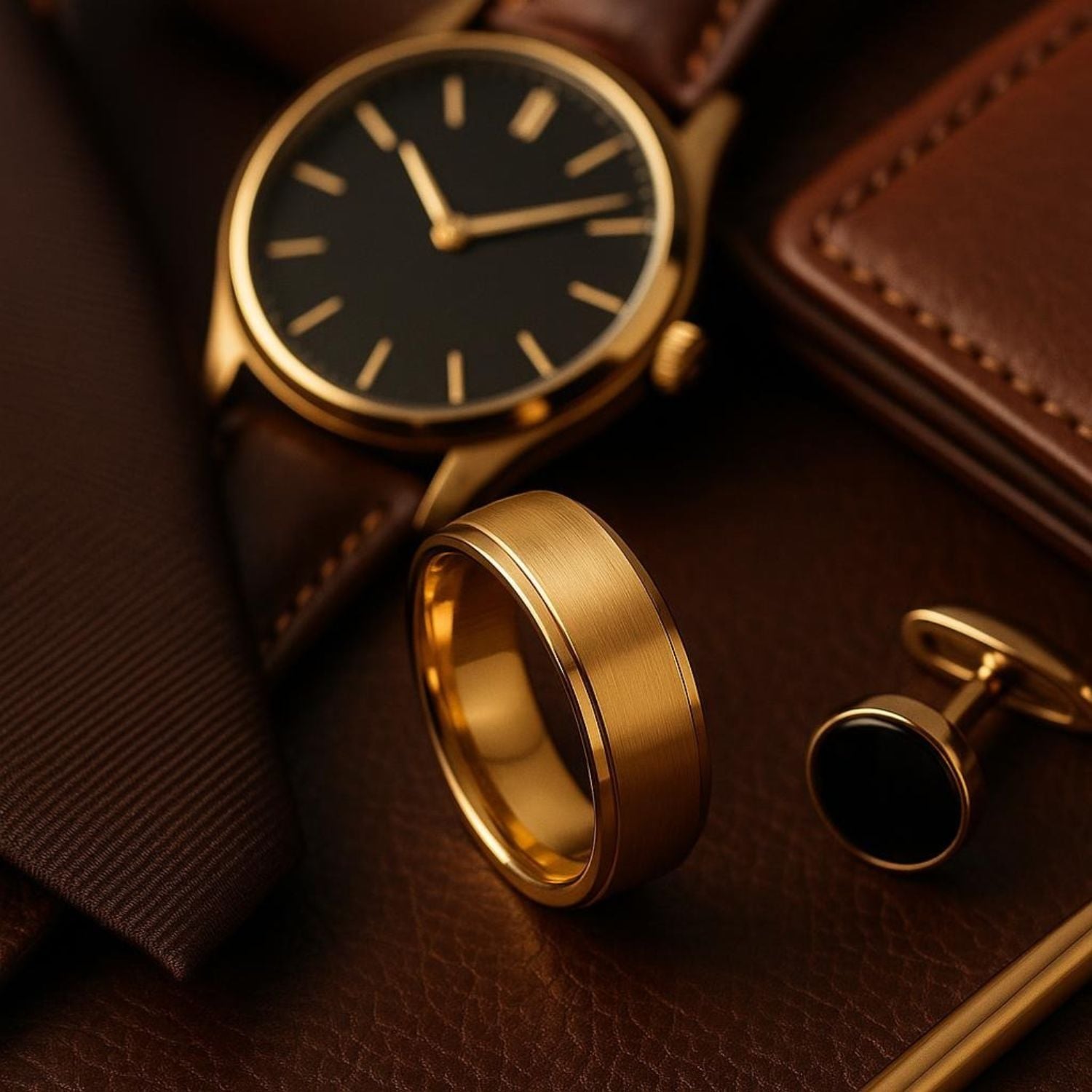 Brushed gold tungsten wedding band standing on a brown leather surface beside a gold cufflink, brown leather-strapped watch and folded leather wallet.