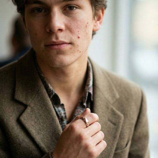 A suited young man wears a rose gold tungsten ring that has a polished finish.