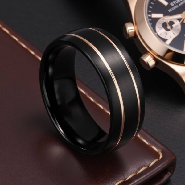 Male tungsten black band with gold grooves