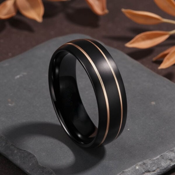 Black Ring for Men with Two Grooves of Gold comfort fit