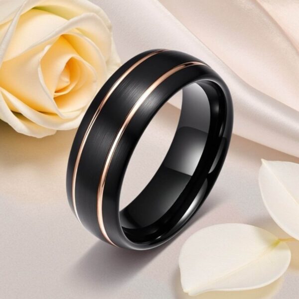 Mens black ring with two gold grooves