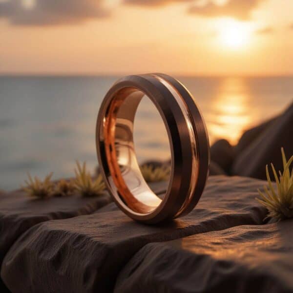 Male Tungsten Ring - Brushed Brown with Rose Gold Groove at Centre
