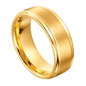 A gold tungsten ring. Featuring a raised brushed section and polished edges.