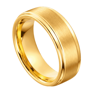 A gold tungsten ring. Featuring a raised brushed section and polished edges.