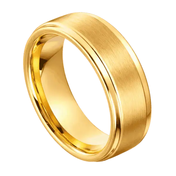 A gold tungsten ring. Featuring a raised brushed section and polished edges.