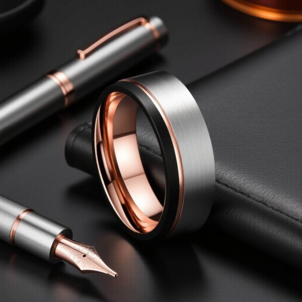 Mans tungsten band - silver, rose gold and black ring