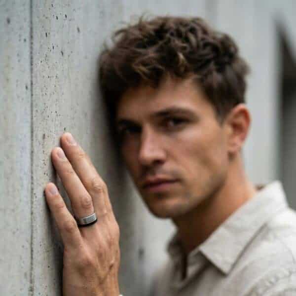 The man looks directly into the camera while he leans against a wall. His hand is raised, showing his tungsten ring that is made up of three colours - brushed silver, rose gold, and black.
