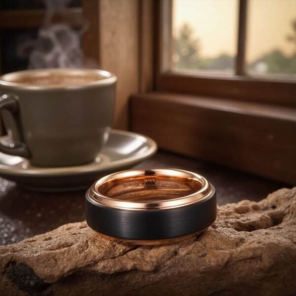 Male wedding band - black tungsten ring with rose gold edges