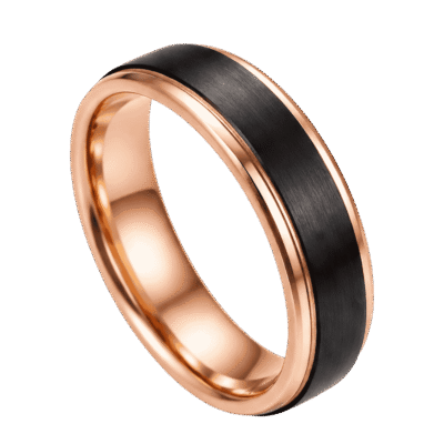 Black tungsten ring with a brushed finish. Rose gold interior and stepped edges.