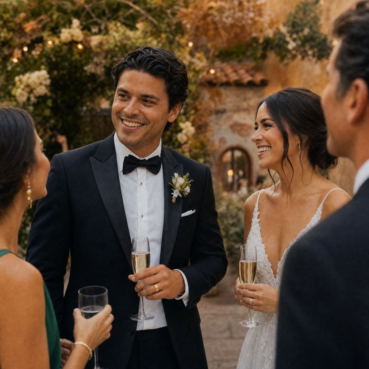 Bride and groom enjoying champagne with wedding guests in a flower-covered courtyard, with the groom wearing a gold tungsten wedding band with a brushed centre.