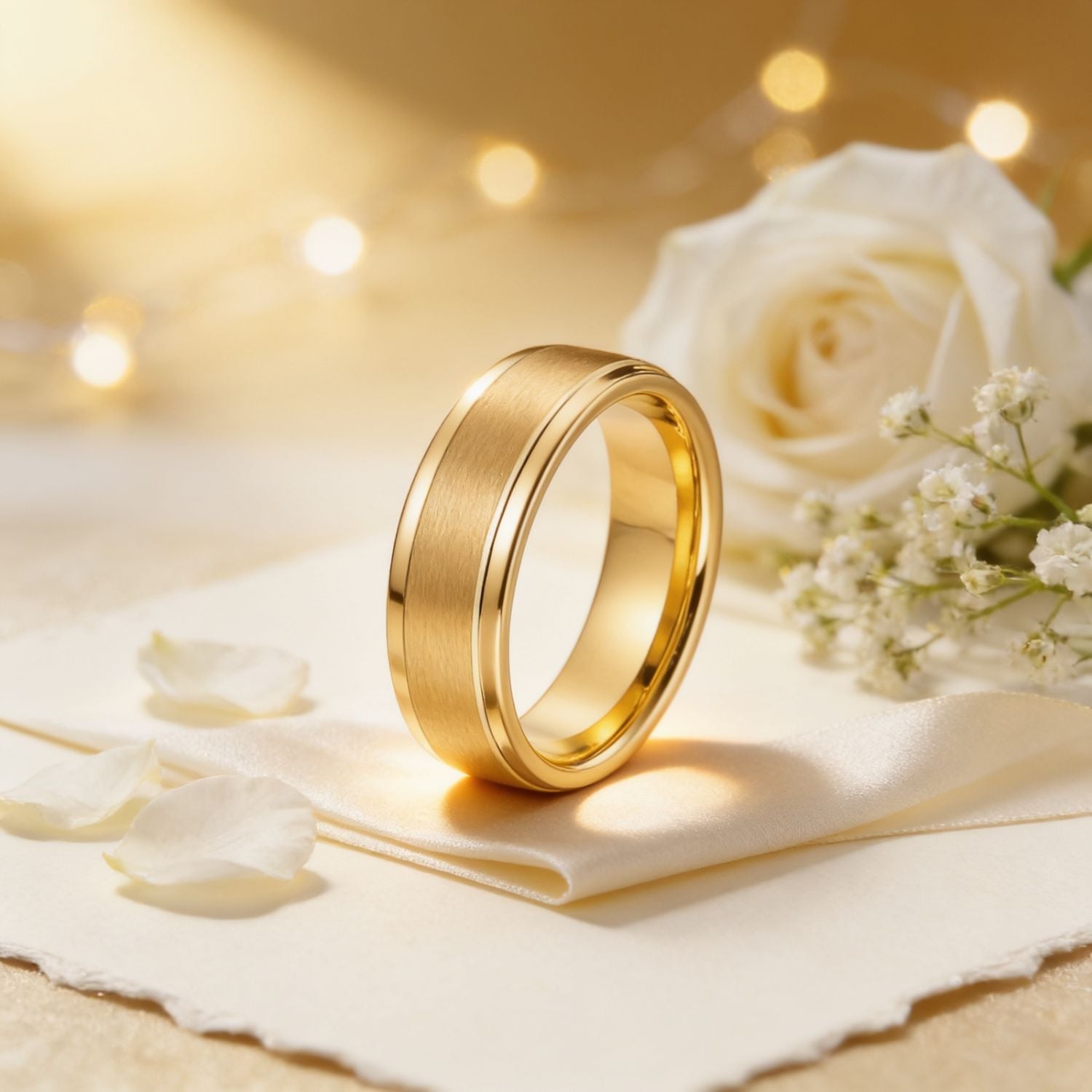 Gold tungsten wedding ring with a brushed centre and polished edges standing on folded white linen beside a large white rose, scattered petals and softly glowing fairy lights.