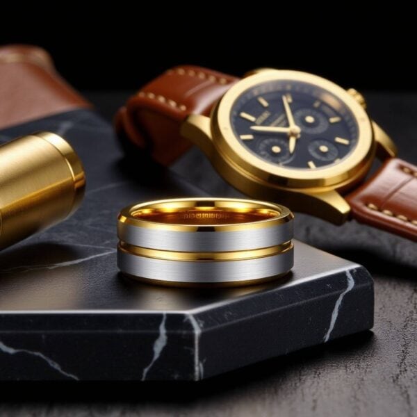 An impressive tungsten ring for him in gold and silver