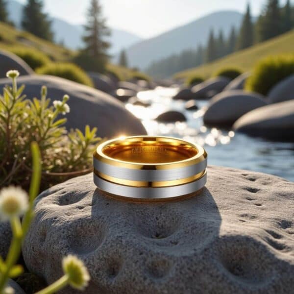 Mans ring for everyday wear or special occasions. Gold and Silver Tungsten Male Ring.