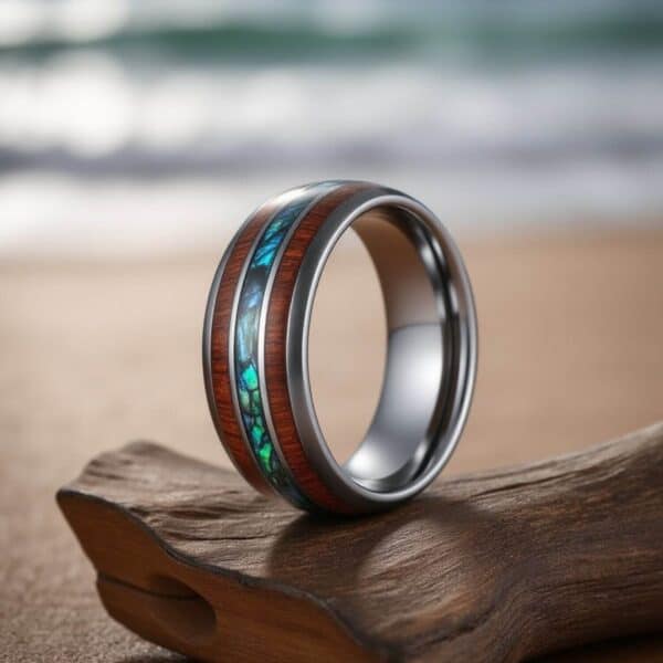 Silver Tungsten Ring for Men with Inlays of Wood and Shell