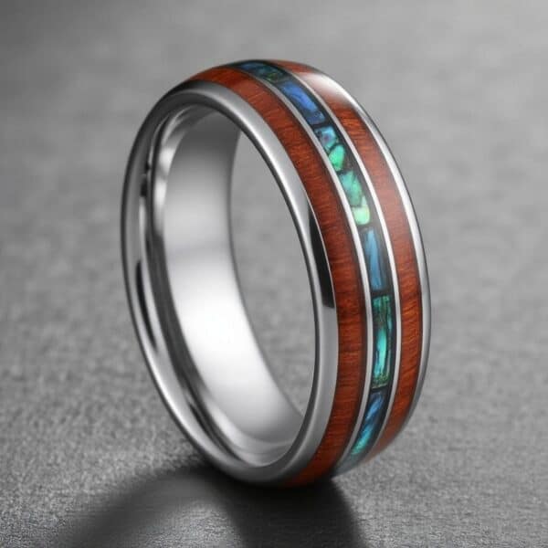 Mens Ring with Silver Tungsten, Wood, and Abalone Shell