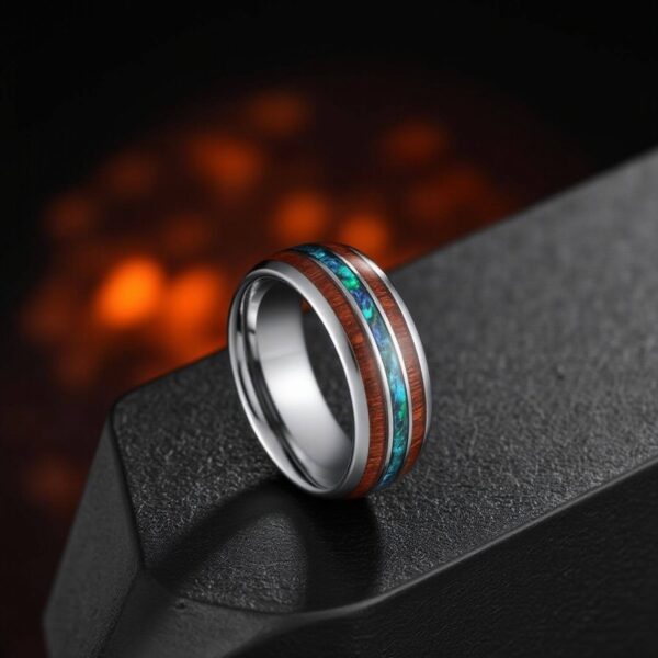 Mens Promise Ring -Silver Tungsten set with layers of wood and abalone shell