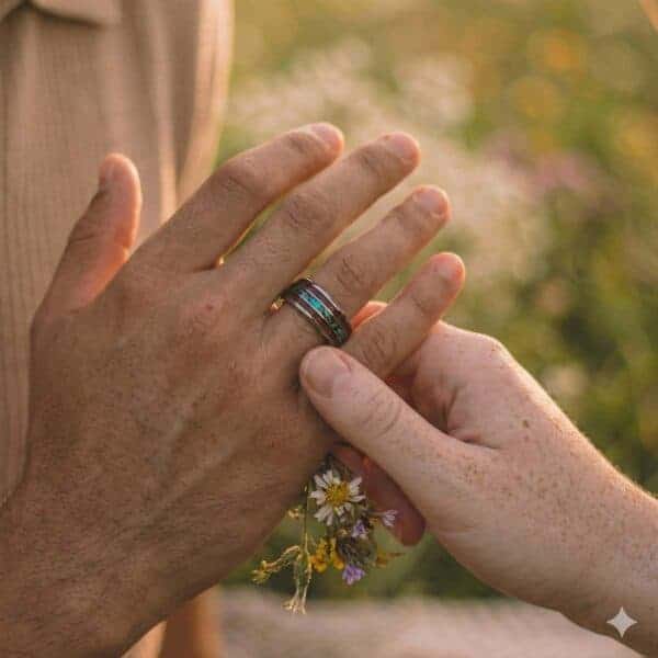 A man holds up his hand for his ring to be admired. He is wearing a silver tungsten ring that has inlays of natural wood and abalone shell.