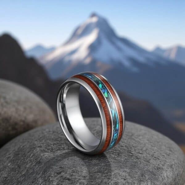 Men's Tungsten ring featuring wood and shell