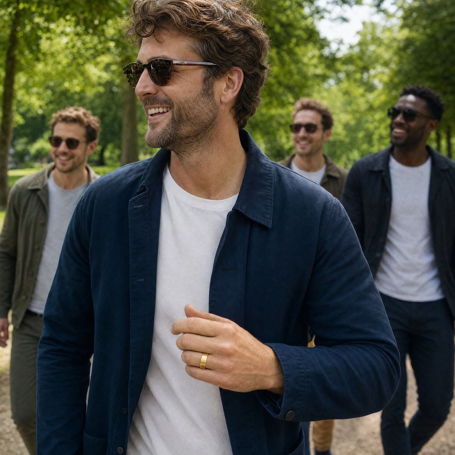 Man wearing a gold-coloured tungsten carbide ring while walking through a sunny park with three friends, dressed in a white T-shirt and navy shirt with sunglasses.