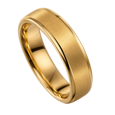 Close-up of a men's gold-coloured tungsten carbide ring featuring a brushed gold centre and polished gold edges, isolated on a transparent background.