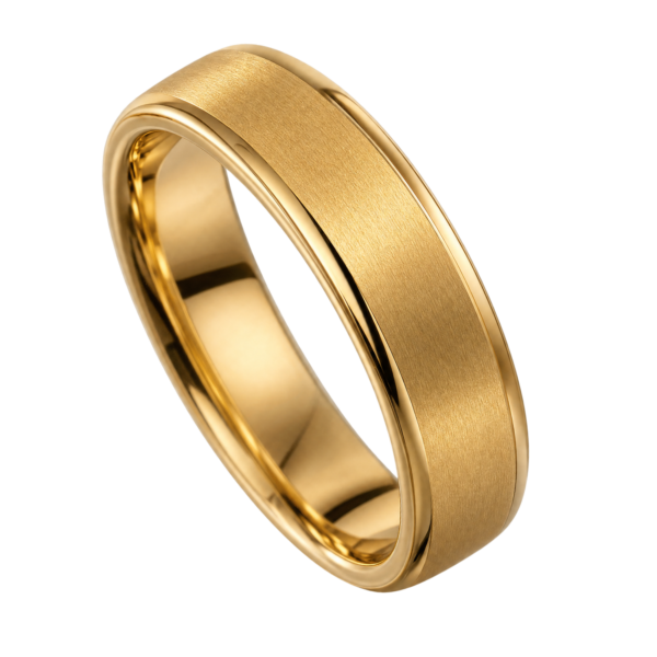 Close-up of a men's gold-coloured tungsten carbide ring featuring a brushed gold centre and polished gold edges, isolated on a transparent background.